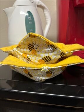 Hand Crafted Yellow Bee Print Fabric Bowl Cozy Set of 2!